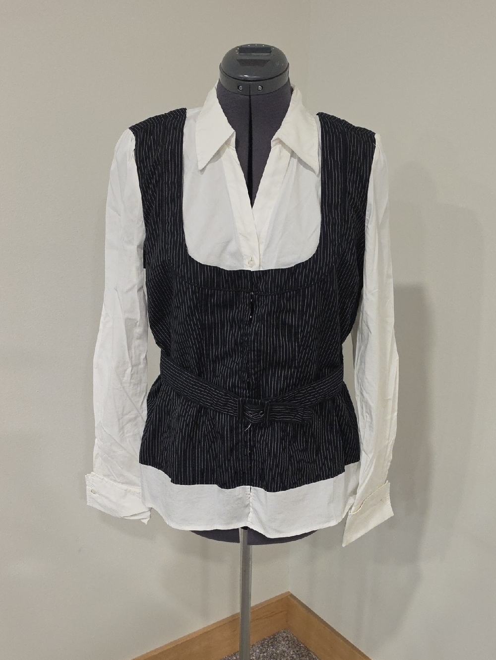 Maurices Black Pinstripe Layered Tunic with White Shirt Detail